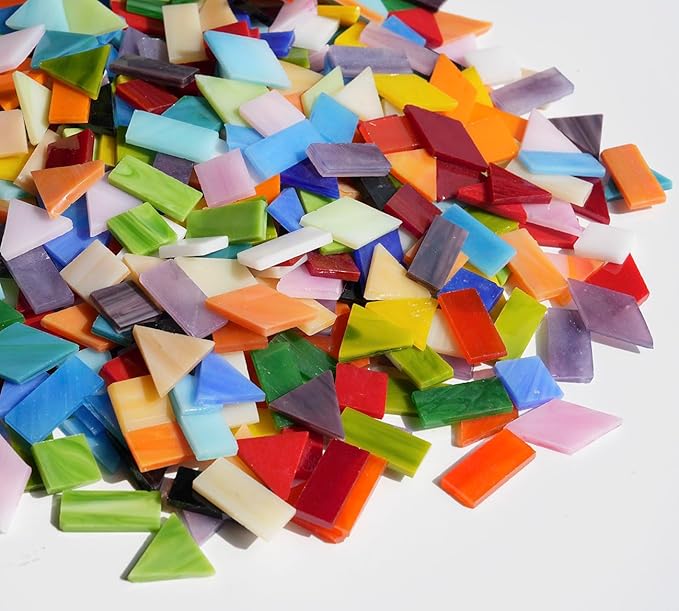 Lanyani Large Glass Tiles for Mosaic Crafts, 1.3 Pounds/250 Pieces Bright Opaque Stained Glass Tiles, Colorful Mosaic Tiles Pieces for Mosaic DIY Hobbies Home Decor, Versatile 4 Shapes Mixed