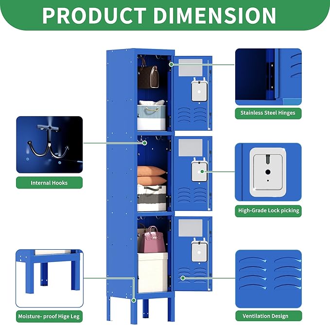 Metal Lockers for Employees, Storage Employee Locker, Storage Lockers with Shelves Steel Cabinet for Home (Blue, 3 Door)