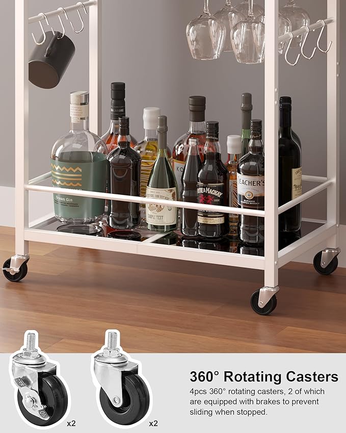 TUTOTAK Bar Cart, Serving Cart for Home, Microwave Cart, Drink Cart, Mobile Kitchen Shelf with Wine Rack and Glass Holder, Rolling Beverage Cart, White BC01BW031