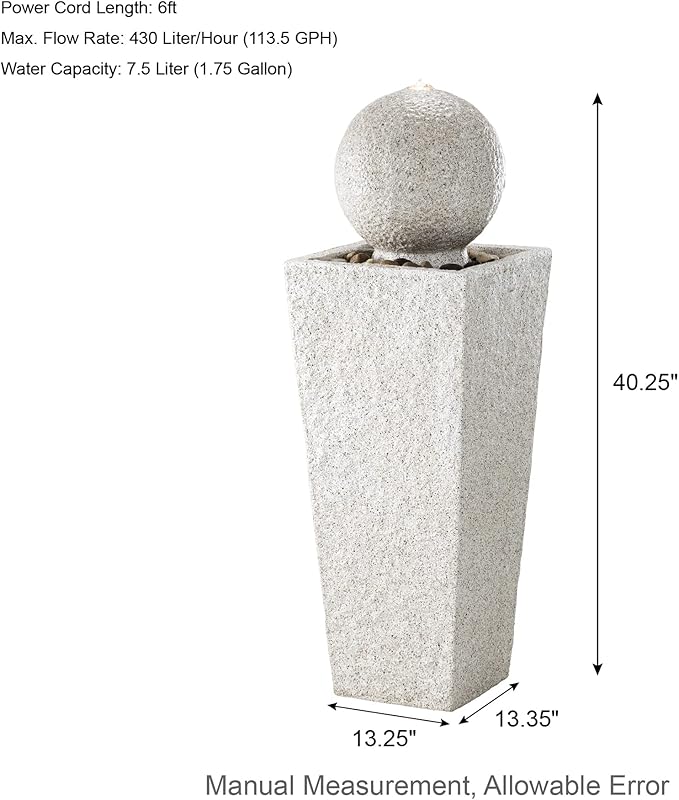 Glitzhome Outdoor Water Fountain with LED Light, Modern Oversized Sphere Pedestal Water Fountain with Submersible Pump, Modern Geometric Outdoor Fountains for Garden Patio Porch, 40.25" H