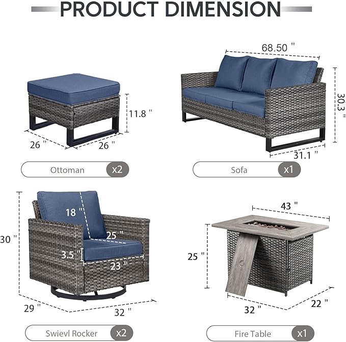 6 Piece Wicker Patio Furniture with Fire Pit Table - Outdoor Conversation Set with 50,000 BTU Fire Pit, All Weather Rattan Patio Set for Deck Backyard Garden - Grey Wicker Blue Cushion
