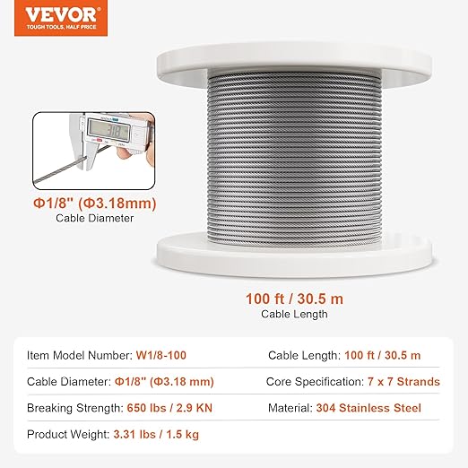VEVOR 1/8 Wire Rope Kit, 100 FT Vinyl Coated 304 Stainless Steel Cable with 59 Accessories, Turnbuckles, 650 lbs Breaking Strength, Marine Aircraft Grade for Handrail Stair Decking Fence Outdoors