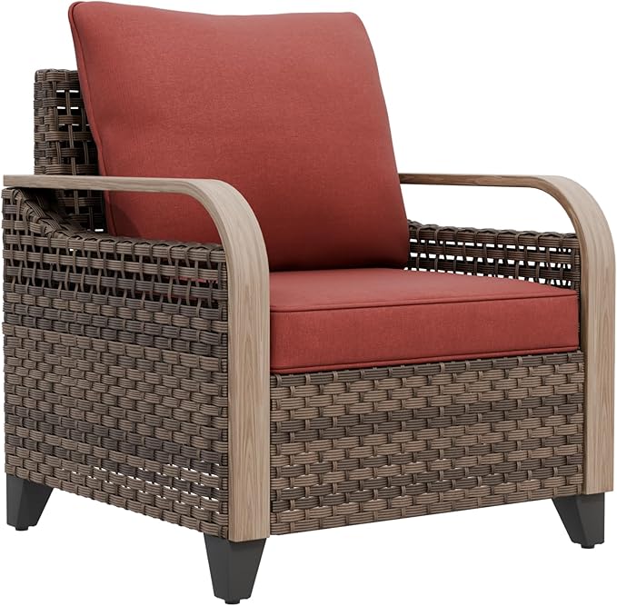 EAGLE PEAK Modern Wicker Outdoor Chair, Patio Chair Curved Armrest, Rattan Patio Furniture for Yard Deck Porch Garden, 1 Chair, Brown/Red