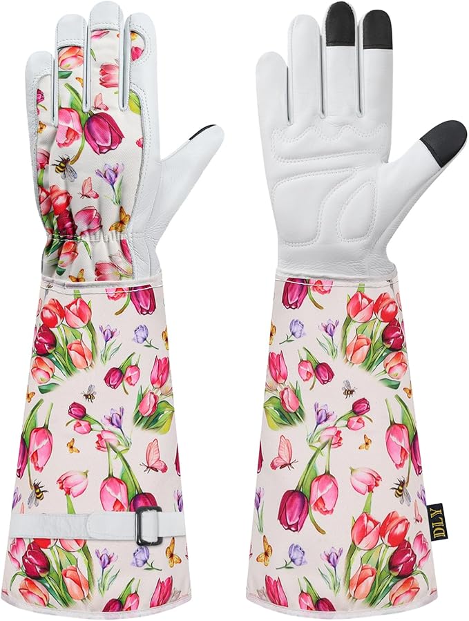 DLY Gardening Gloves for Women, Rose Gloves Gardening Thorn Proof, Long Garden Gloves for Women, Breathable Cowhide Leather Gauntlet(Small,White)