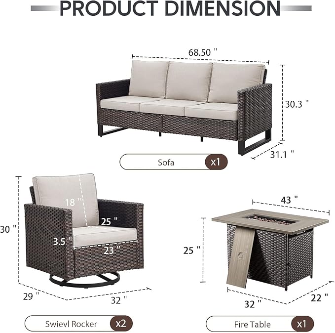 4 Piece Wicker Patio Furniture with Fire Pit Table - Outdoor Conversation Set with 50,000 BTU Fire Pit, All Weather Rattan Patio Set for Deck Backyard Garden - Brown Wicker Beige Cushion