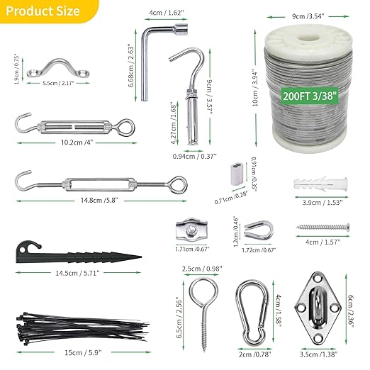 3/38" Wire Cable Rope Kit ，Vinyl Coated 304 Stainless Steel Wire – 200FT 7x7 Strand Cable with Turnbuckles，Shade Sail & Hanging Lights Hardware Kit for Outdoor, Garden,Patio, Crafts, Hanging Lights