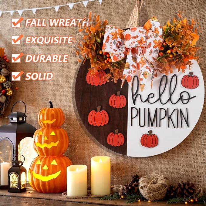 3D Hello Pumpkin Wooden Sign, Fall Outdoor Wreath for Front Door with Bow & Wreath | Fall Autumn Harvest Farmhouse Hanging Decor | Indoor Outdoor Porch, Wall, Home Decor