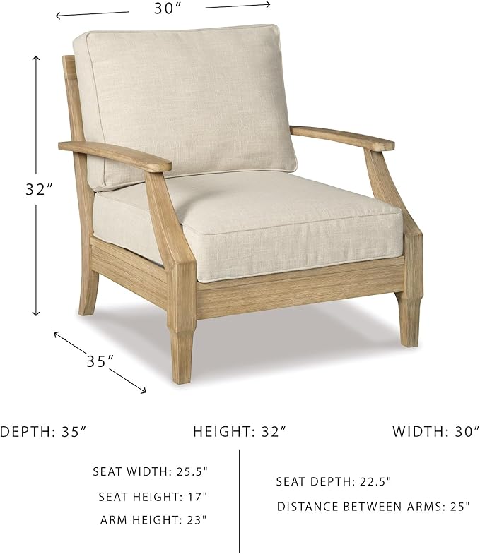 Signature Design by Ashley Clare View Outdoor Eucalyptus Wood Single Cushioned Lounge Chair, Beige