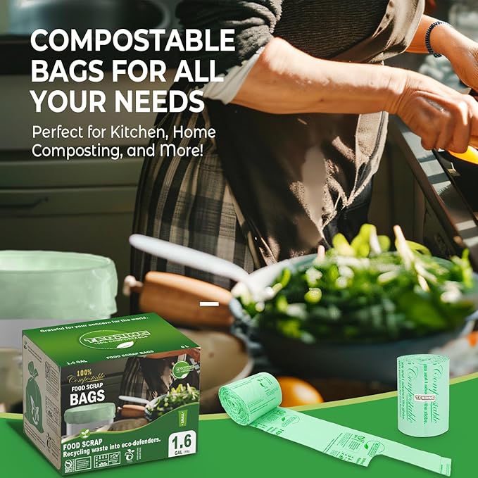 Small Compost Bags with Handle Tie,1.6 Gallon Compostable Food Scrap Bags For Counter Top Compost Bin, 80 Count, 6 Liter, BPI & OK compost INDUSTRIAL Certified