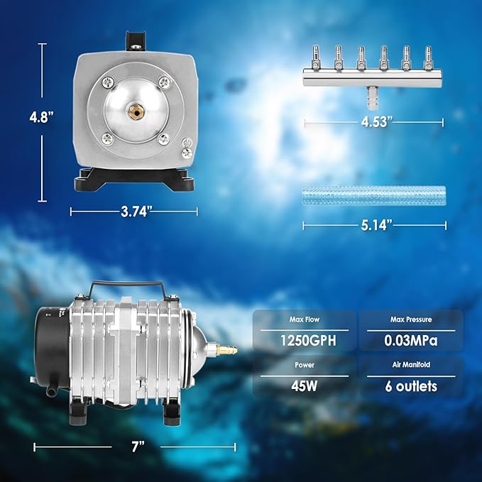 Aquarium Air Pump with Aluminum Housing, Commercial Air Pump with 6-Outlet Air Manifold, Pond Aerator Fish Tank Bubbler for Aquarium, Pond, Hydroponics (1250GPH-45W)