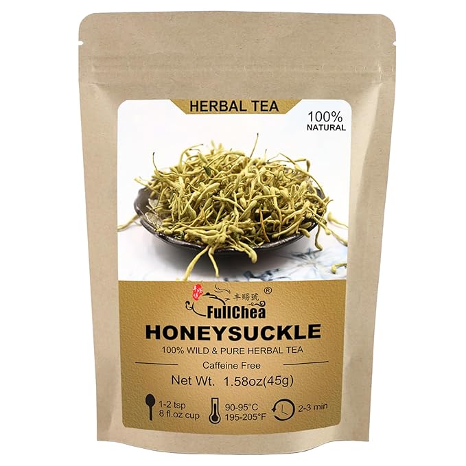 FullChea - 100% Pure Natural Dried Honeysuckle - Jin Yin Hua Honeysuckle Tea - Premium Flower Herbal Tea - 1.58oz/45g