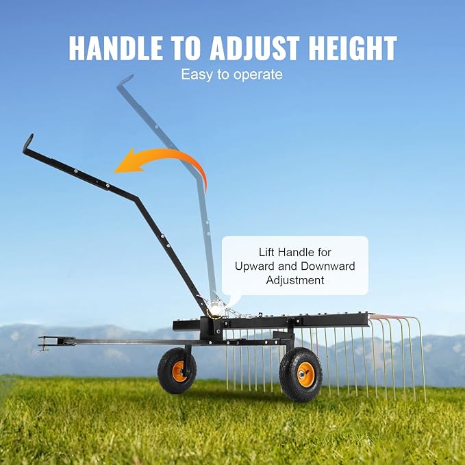 VEVOR Tow Behind Dethatcher, 60-inch Tow Dethatcher with 24 Steel Tines, Lawn Dethatcher Rake for ATV or Mower, Tow Behind Lawn Rake with Lift Handle for Leaves, Pine Needles, and Grass