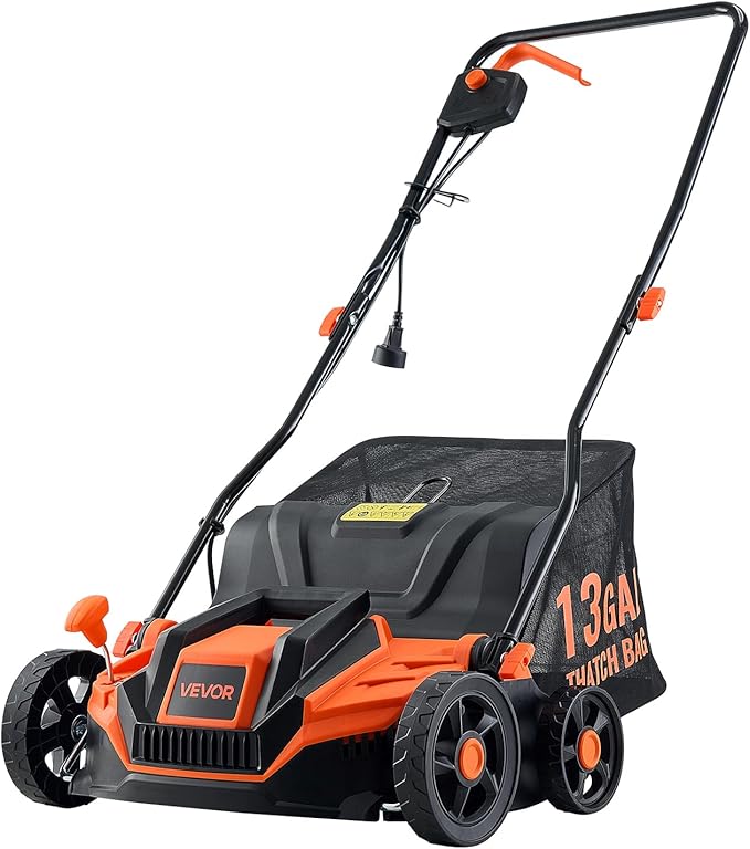 VEVOR 2-in-1 Electric Dethatcher and Scarifier, 13-Inch 13 Amp, Corded Lawn Dethatcher with 13-Gallon Thatch Collection Bag, 5-Position Depth Adjustment, Walk Behind Machine for Garden Yard Grass