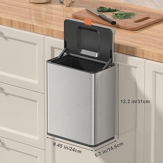 Mbillion Kitchen Compost Bin Hanging Trash Can with Lid 2.1 Gallon Stainless Steel Garbage Can for Kitchen Cabinet Door Mounted Trash Can Under Sink Door RV Bathroom,Silver