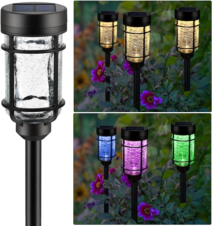 Solar Pathway Lights 2 Pack, Color Changing+Warm White LED Solar Lights Outdoor, Waterproof Lighted Crackle Glass Stake for Garden Path Walkway Backyard Lawn Landscape Decoration