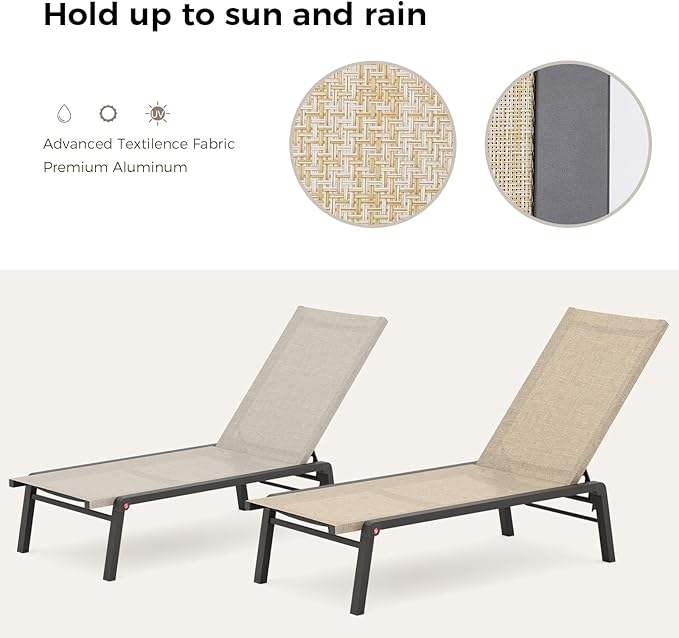 Patio Chaise Lounge Set of 2 with 4 Adjustable Backrest, Foldable Aluminum Chaise Lounge Chair Recliner for Outdoor, Poolside, Sun Tanning Flaxen