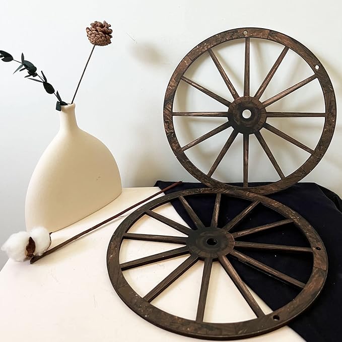 (2 Pieces) 12" Wood Carved Wheel Decor, Western Style Decorative Wagon Wheels for Modern Vintage Home Decor, Suitable for Farmhouse, Living Room, Bookcase, Bar, Garage, Coffee Shop, Studio Decor