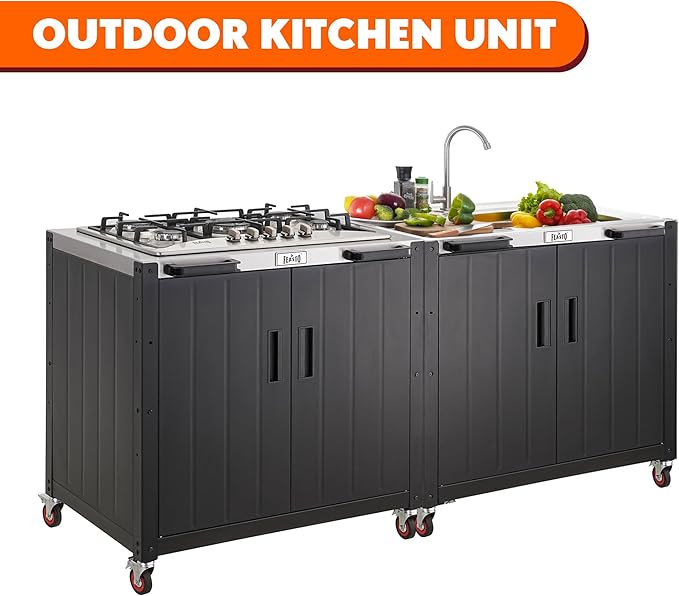 Gas Grill, Movable Outdoor Gas Stove Stainless Steel Top with Cabinet, 5 Burners with 36,200 BTUs, Outdoor Propane Grill for Outdoor Cooking, Ideal for Lawn & Garden, L35.4” x W24”