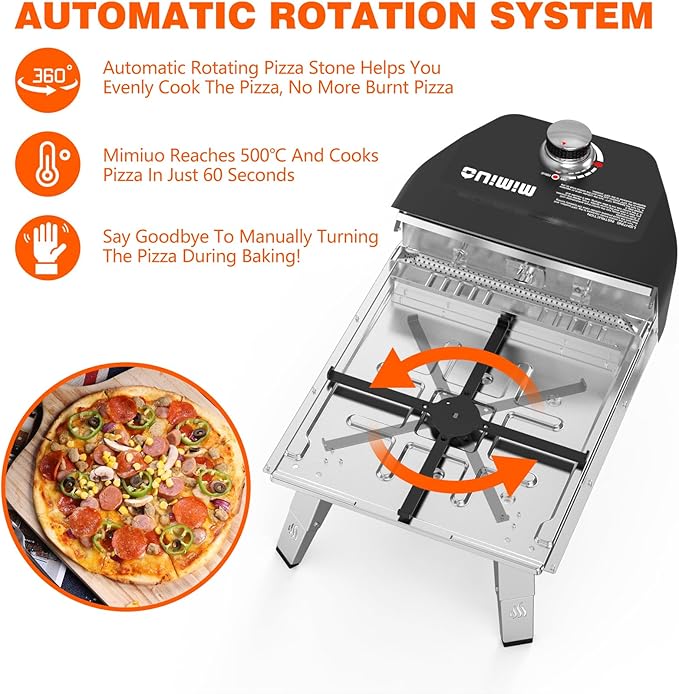 Outdoor Gas Pizza Oven with Automatic Rotating Pizza Stone - 14 Inch Portable Propane Pizza Ovens for Outside - Professional Pizza Grilling Stove for Outdoor Kitchen - Global Patent