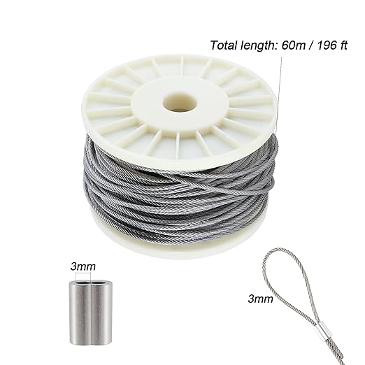 1/8 Inch 200 FT 316 Stainless Steel Wire Cable, 7x7 Inch Aircraft Cable, Wire Rope 100 PCS Strand Construction Braided with Crimping Sleeves, 660lbs/300kg Breaking Strength