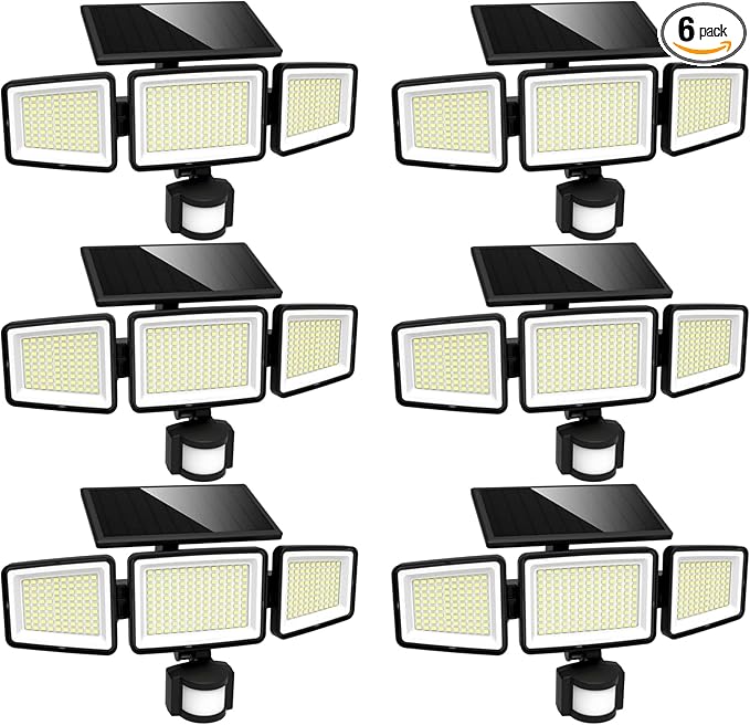 UME Solar Outdoor Lights 302 LED 3000LM, IP65 Waterproof Motion Sensor Outdoor Lights, 3 Heads Solar Security Flood Lights 270 Wide Lighting Angle with 3 Modes for Garden Patio Yard - 6 Pack