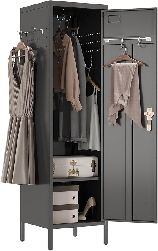 METAN Metal Storage Lockers with 1 Door and 1 Adjustable Shelf,55''H*15''W*15''D Steel Lockers with Hooks for School,Home,Office,Gym,Assembly Required,Black