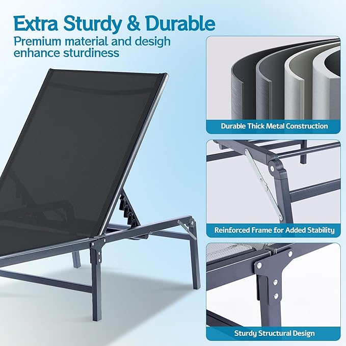 Outdoor Chaise Lounge Chair, Foldable & Assemble-Free, 6 Adjustable Positions, Durable Rust-Resistant Frame, Portable Outdoor Pool Lounge Chairs for Pool Patio Beach, Black