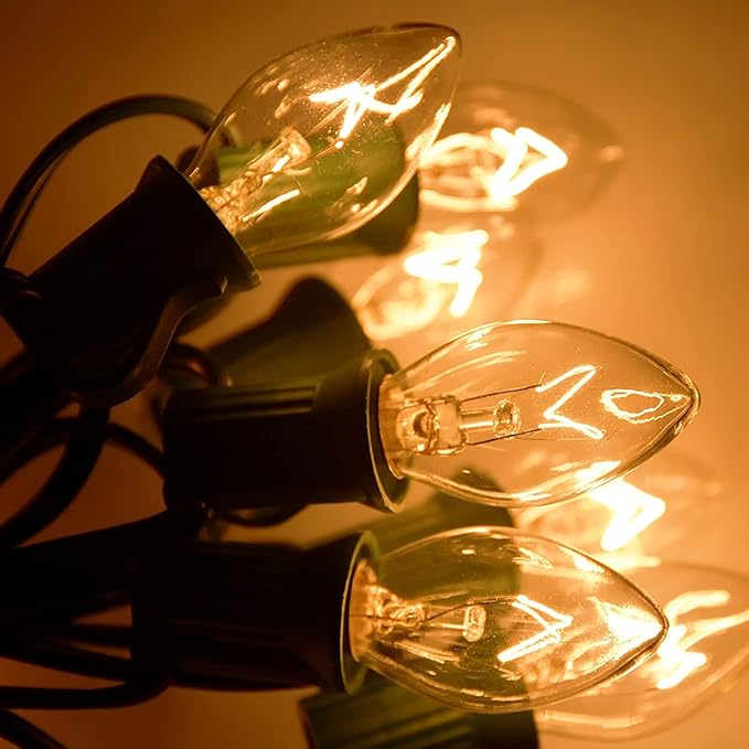 C7 Christmas Lights, 25Ft Outdoor Christmas String Lights with 27 Clear Warm White Incandescent Bulbs, Hanging Vintage Christmas Decorations Light for Roofline House Garden Patio Backyard Party Green