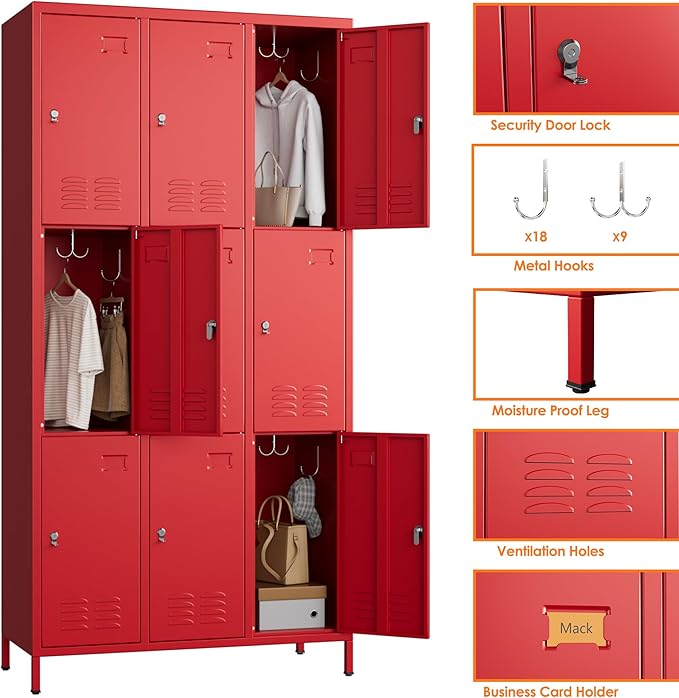 9 Doors Metal Lockers for Employees with 27 Hooks, Storage Locker with Business Card Holder for Office Gym School Bedroom, Assembly Required, Red