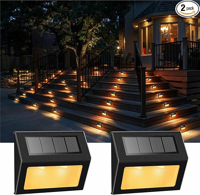 XLUX Solar Lights for Steps Decks Pathway Yard Stairs Fences, LED lamp, Rainproof, Black Metal Housing, 2 Pack(Warm Light)