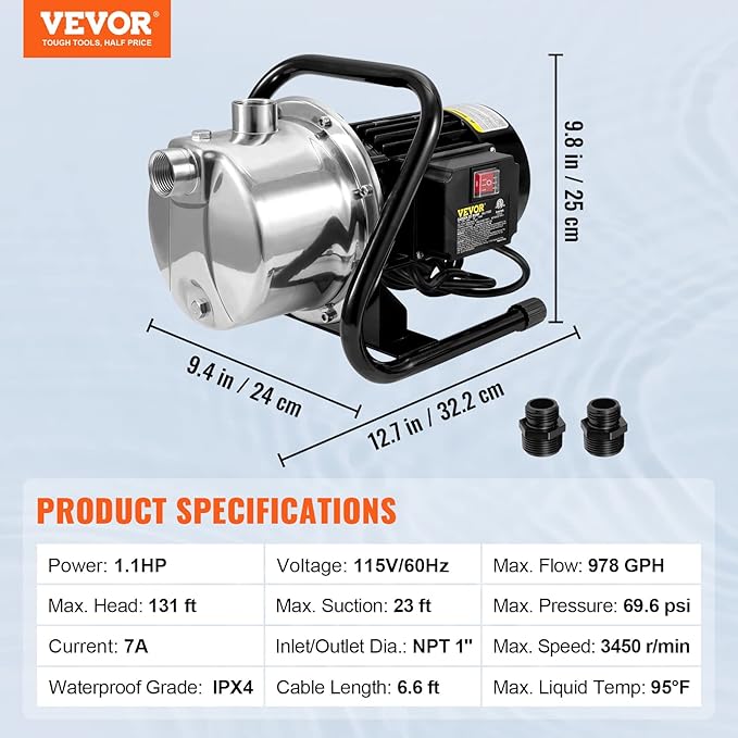 VEVOR 1.1 HP Portable Shallow Well Pump, 978 GPH Garden Jet Pump, 115V, 131 ft Height, Stainless Steel Sprinkler Booster Pumps for Garden Lawn Irrigation system, Lake Fountain, Water Transfer