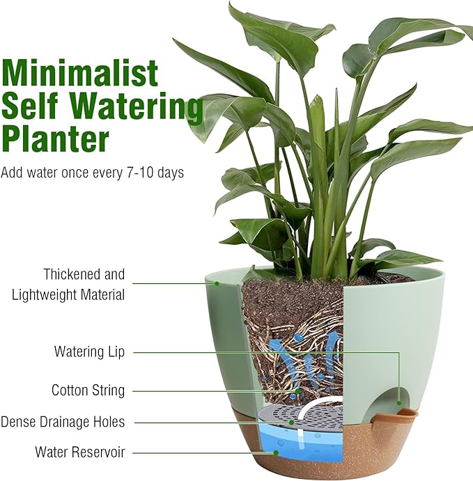 10/9/8 inch Self Watering Pots, Planter, Plant Pots with Mesh Drainage Holes for Indoor Outdoor Garden Plants, Plastic Flower Pots with Deep Reservoir for House Plants, Green with Brown