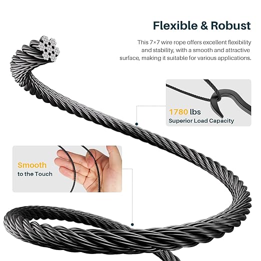 800FT 1/8" Black T316 Stainless Steel Cable, 7x7 Strands Construction, Black Wire Rope Aircraft Cable for Indoor, Outdoor, Deck Fence Railing, and DIY Balustrades