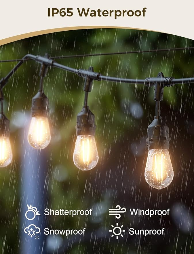 XMCOSY+ Smart Patio Lights 49Ft LED Outdoor String Lights Waterproof IP65, App Control, Compatible with Alexa, Dimmable Edison Bulbs Outdoor Light for Yard Porch Bistro Outside