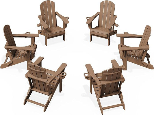 KINGYES Folding Adirondack Chair Set of 6, Dual Cup Holders & All-Weather HDPE, Wood-Like Patio Chair for Backyard, Camping, Pool & Fire Pit, Brown