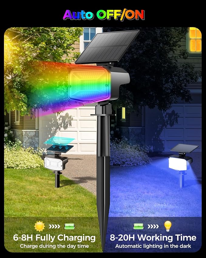 Solar Lights Outdoor Color Changing, 85 LEDs 9 Lighting Modes RGB Solar Outdoor Lights, IP67 Waterproof Multicolor Landscape Spotlights for Halloween Holiday Decorations (2 Pack)