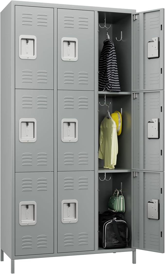 METAN Metal Storage Locker for School Office Gym Bedroom, 9 Doors Locker Cabinet for Employees, Industrial Steel Storage Locker with 18 Hooks, Assembly Required (9 Door-Light Gray)