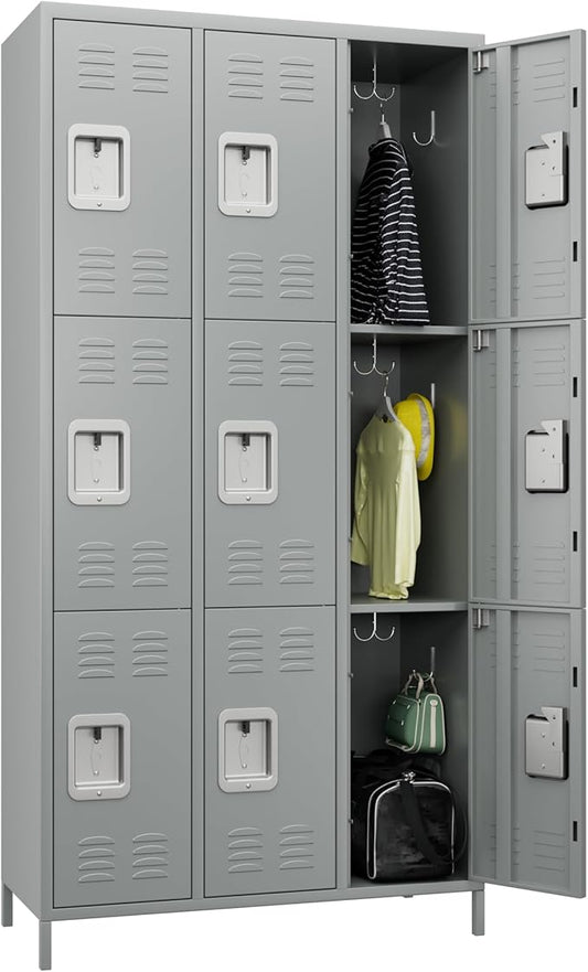 METAN Metal Storage Locker for School Office Gym Bedroom, 9 Doors Locker Cabinet for Employees, Industrial Steel Storage Locker with 18 Hooks, Assembly Required (9 Door-Light Gray)