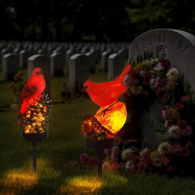 Capoda 2 Pieces Cardinal Garden Decorations Resin Bird Figurine Solar Light Stake Waterproof Light Stake Outdoor Decorations for Patio Yard Lawn Porch Pathway Christmas Decoration