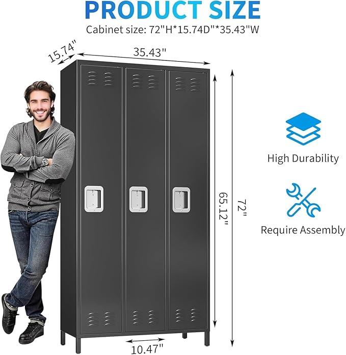 3 Doors Metal Lockers for Employees with 6 Hooks, Black Steel Storage Locker Cabinet, 72" Tall Lockers for Offices School Gyms Home Bedroom