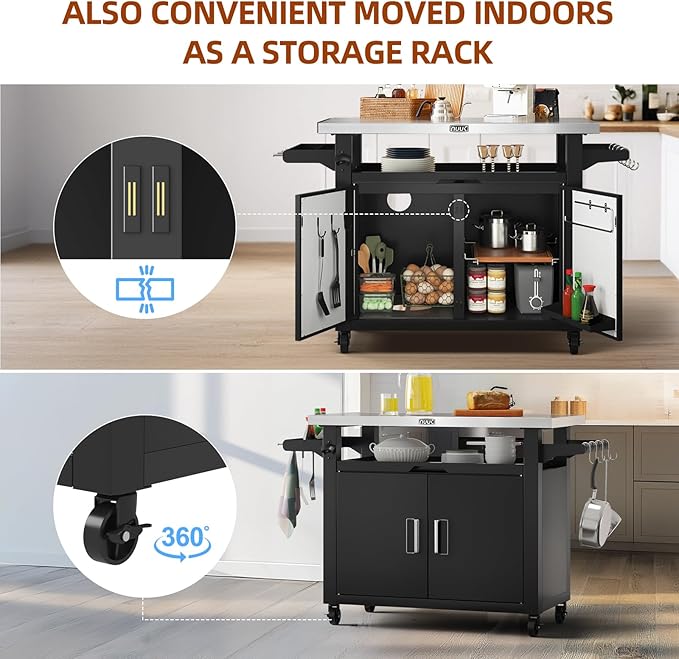 NUUK Outdoor Grill Cart with Storage Cabinet Metal Kitchen Island Prep Table with Movable Universal Wheels and Stainless Steel Top for Outside BBQ Backyard Include Hooks Spice Rack