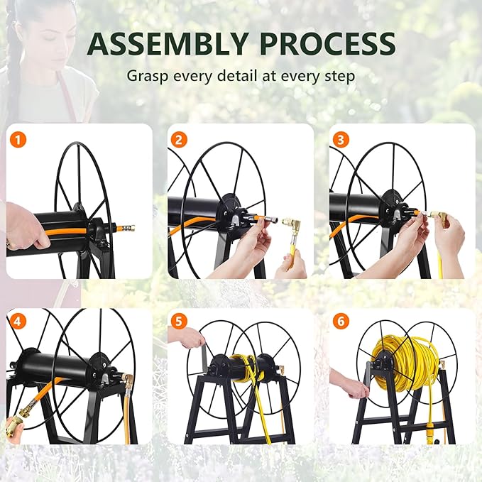 Freestanding Garden Hose Reel Holds 150 Ft Hose, Metal Garden Hose Holder for Outdoor, Garden Stand Rack for Water Pipe Organizer Storage, Black