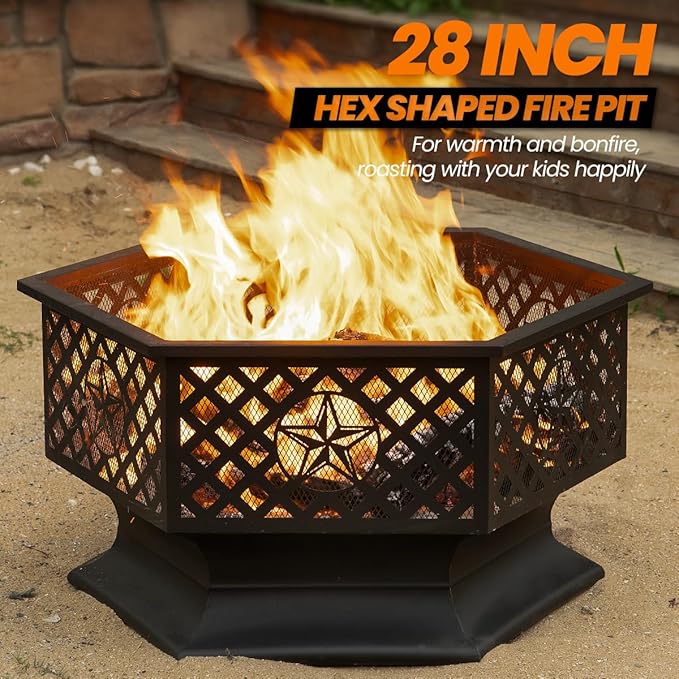 28 Inch Hexagonal Fire Pit,Wood Burning Firepits for Outside with Spark Screen&Poker,Metal Hex-Shaped Outdoor Fire Pit for Outside,Backyard,Bonfire,Patio,Garden,Picnic and Camping（Black）