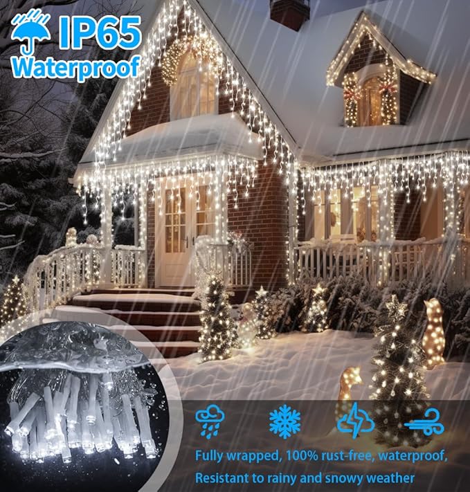 XZAI 800LED 50FT, Icicle String Lights, Plug-in, Cool White, Christmas Party Decors, Connectable, Memory, Remote, 8 Modes, Timer, Dimmable, IP65 Waterproof, Hanging Light for Outdoor & Indoor Use