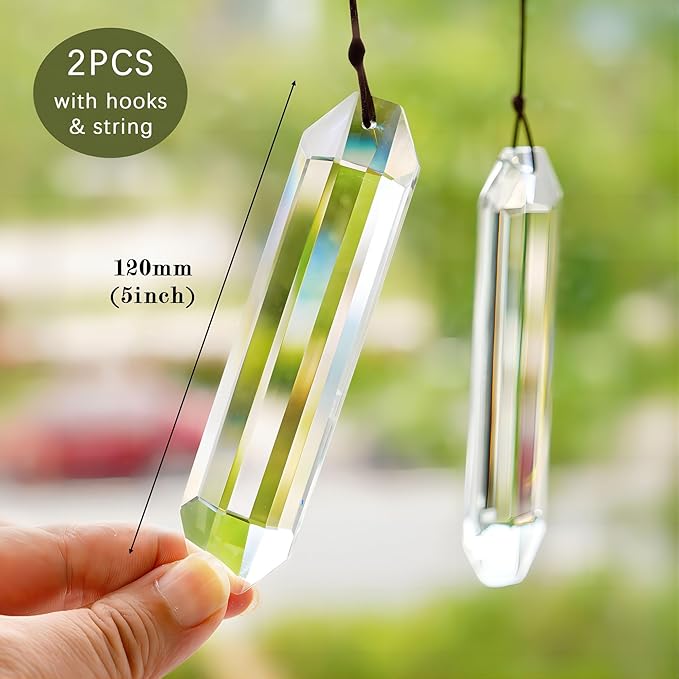HDCRYSTALGIFTS Set 2 Crystal Suncatchers, 120mm Large Prism Sun Catchers Windows Hanging Ornaments Rainbow Maker Pendant Indoor Outdoor Garden Decor,Clear