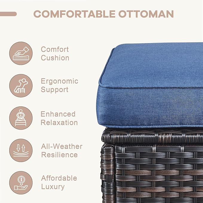 Swivel Patio Chairs sofa Set of 6 - 6" Thick Cushion - Wicker Outdoor Swivel Rocker Patio Chair ,Sofa/Glass coffee table, High Back Comfortable Outdoor Glider Chairs - Brown Wicker Blue Cushions