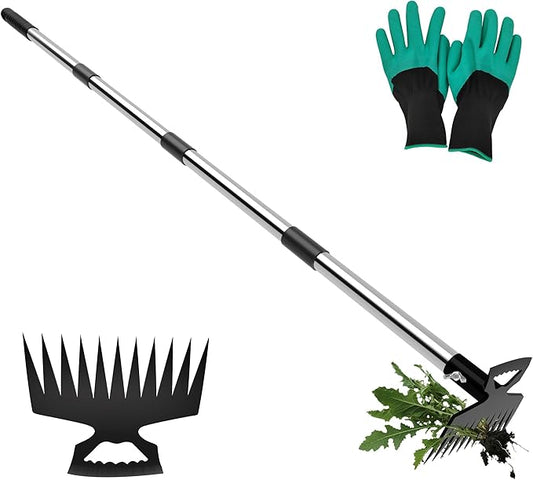 Weeding Puller Tool with Long Handle, 11 Tooth Manual Weed Rake Weeder Remover Tool Gardening with Gloves, Dandelion Gardenia Uprooting Tool for Yard, Lawn, Patio and Garden