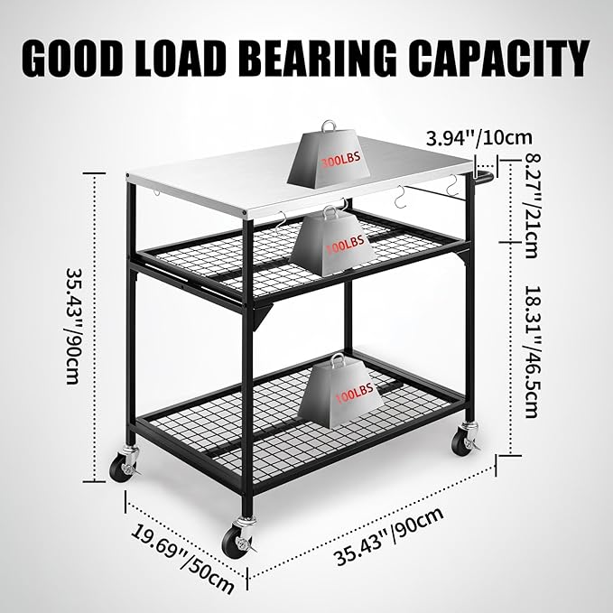 3-Shelf Outdoor Grill Table, Pizza Oven Tables with Waterproof Cover, Movable Dining Cart, Trolley Table with Wheels, Outdoor Kitchen Cooking Prep BBQ Cart for Home Party, Bar,Camping