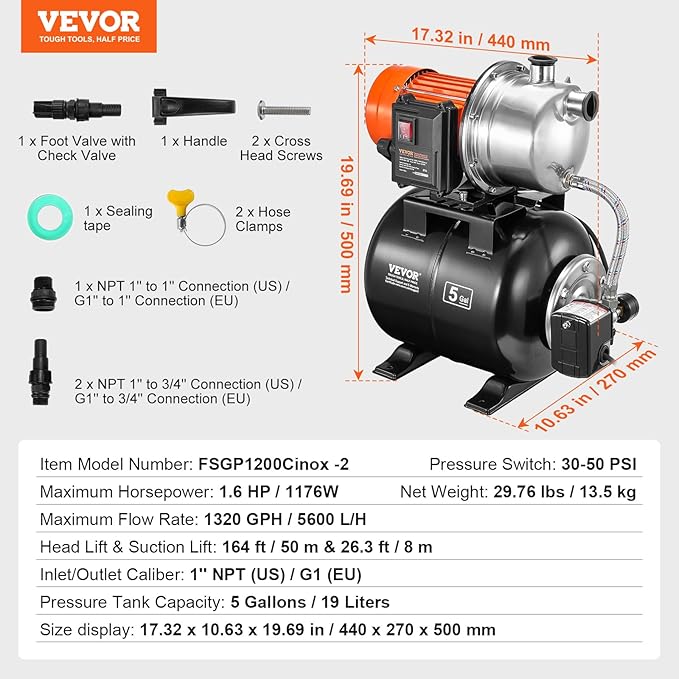 VEVOR 1.6 HP Shallow Well Pump With Pressure Tank, 1320 GPH, Automatic Irrigation Water Booster, 5-Gal Tank 30/50 PSI Switch, Stainless Steel Head for Home Garden Lawn