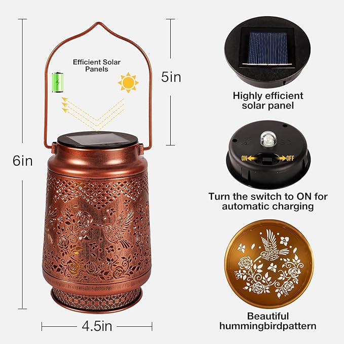 Solar Lanterns Outdoor Waterproof, Hummingbird Solar Lights Outdoor, Garden Decor Hanging Metal Lantern, Garden Lights for Yard/ Patio/Porch/Lawn, Decorative Gifts for Mom/Women